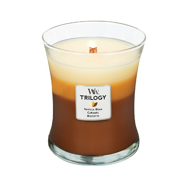 Lumânare parfumată WoodWick Trilogy, aromă de zahăr, vanilie și caramel, 60 ore