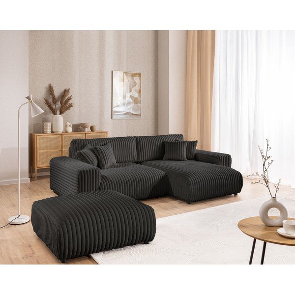 Taburet gri închis cu tapițerie din catifea reiată Justin – Ropez-image-3