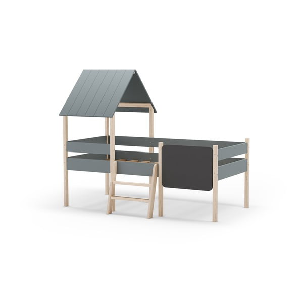 Pat pentru copii  verde prăfuit de tip casă/înalt din lemn de pin cu somieră 90x190 cm Mint – Marckeric