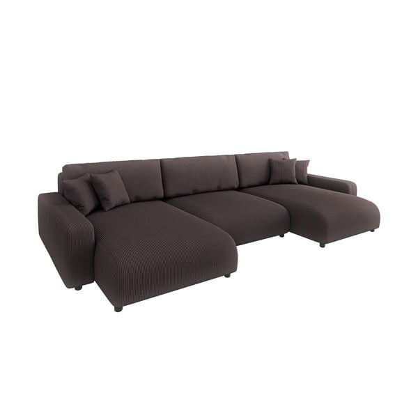 Colțar maro extensibil, cu spațiu de depozitare, cu tapițerie din catifea reiată Sara – Ropez