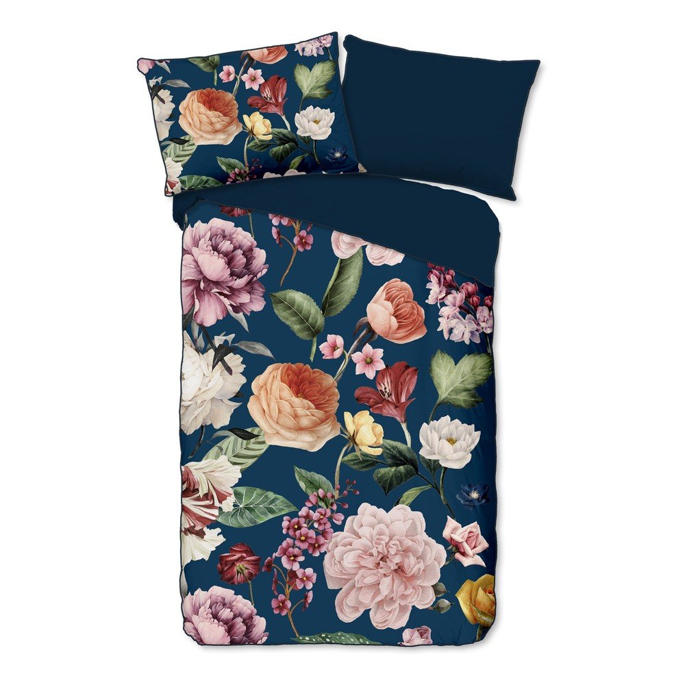 Lenjerie de pat albastru-închis din bumbac satinat pentru pat de o persoană extinsă 140x220 cm Fiori – Descanso
