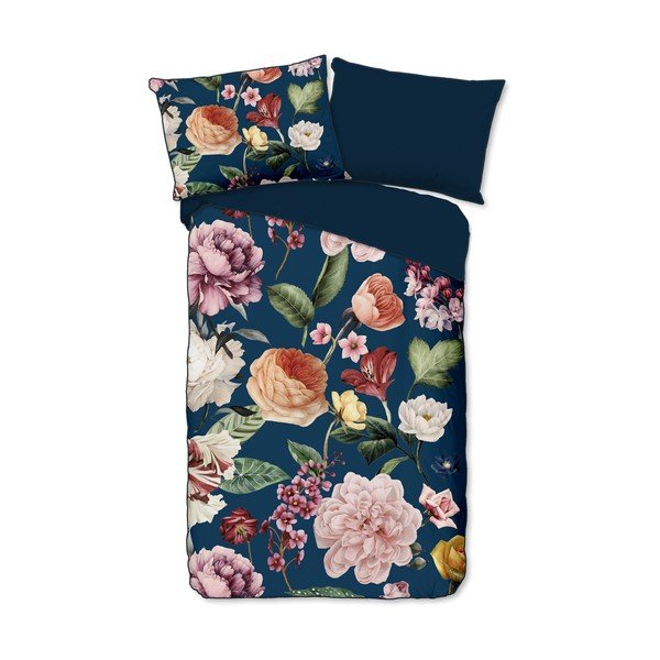 Lenjerie de pat albastru-închis din bumbac satinat pentru pat de o persoană, extinsă 140x220 cm Fiori – Descanso