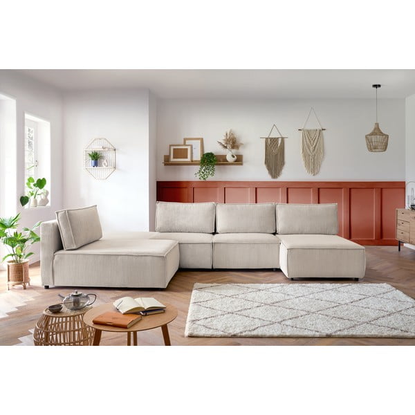 Colțar crem cu tapițerie din catifea reiată  (cu colț variabil) Nihad modular – Bobochic Paris-image-1