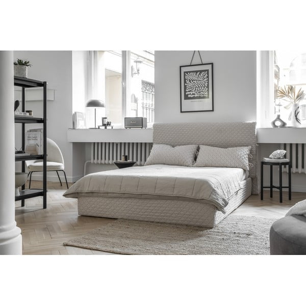 Pat matrimonial bej tapițat cu spațiu de depozitare și somieră 140x200 cm Sleepy Luna – Miuform-image-4