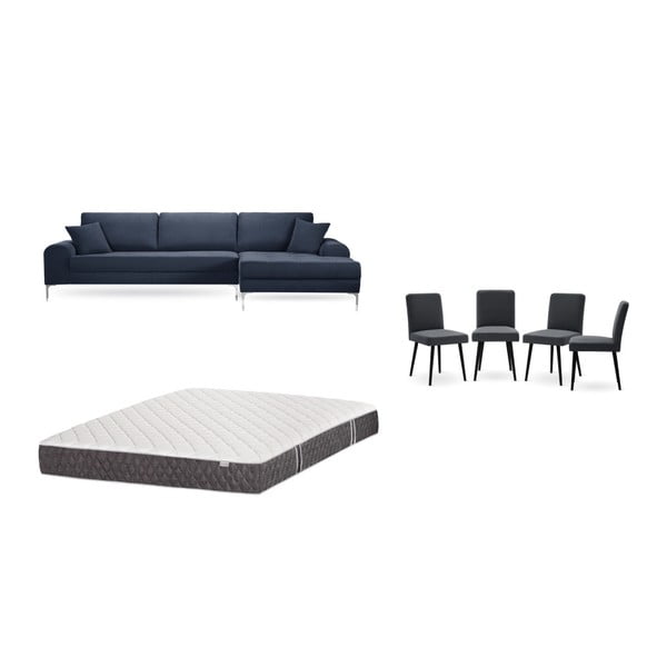 Set canapea albastru închis cu șezlong pe partea dreaptă, 4 scaune gri antracit și saltea 160 x 200 cm Home Essentials