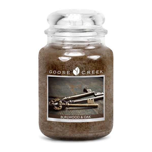 Lumânare parfumată în recipient de sticlă Goose Creek Burlwood & Oak, 150 ore de ardere