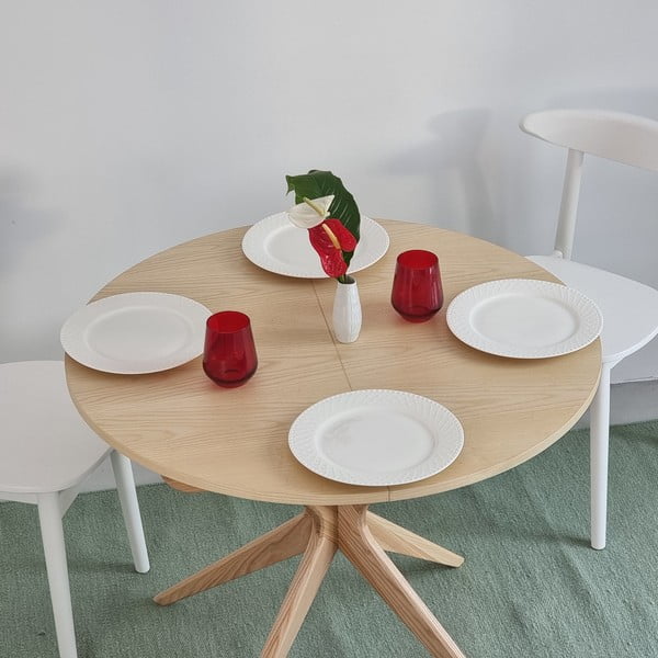 Masă de dining rotundă extensibilă din lemn de frasin cu blat suplimentar ø 90 cm Jubi – Ragaba-image-1