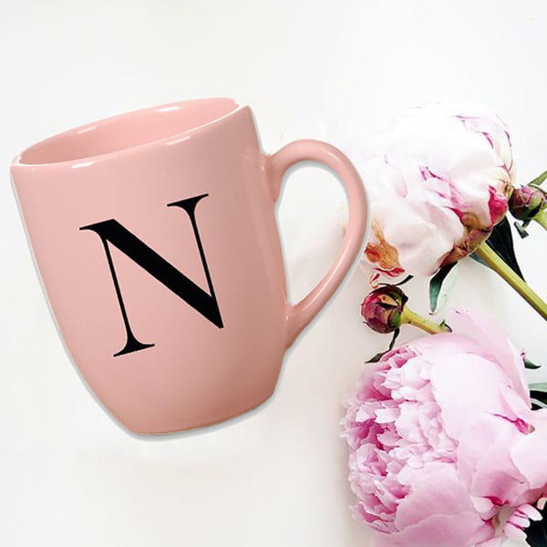 Cană din ceramică Vivas Letter N, 330 ml, roz