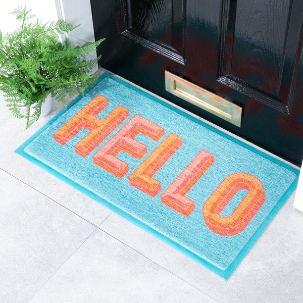 Covoraș de intrare din plastic reciclat 40x70 cm Blue Hello – Artsy Doormats-image-1