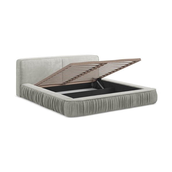 Pat dublu tapițat gri deschis cu spațiu de depozitare cu grilă 160x200 cm Keoni - Makamii-image-1