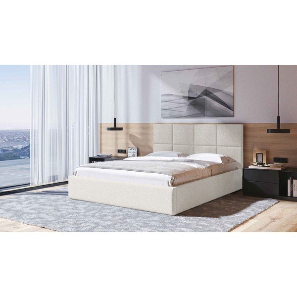 Pat matrimonial bej tapițat cu spațiu de depozitare cu somieră 140x200 cm Bufo – MESONICA-image-1
