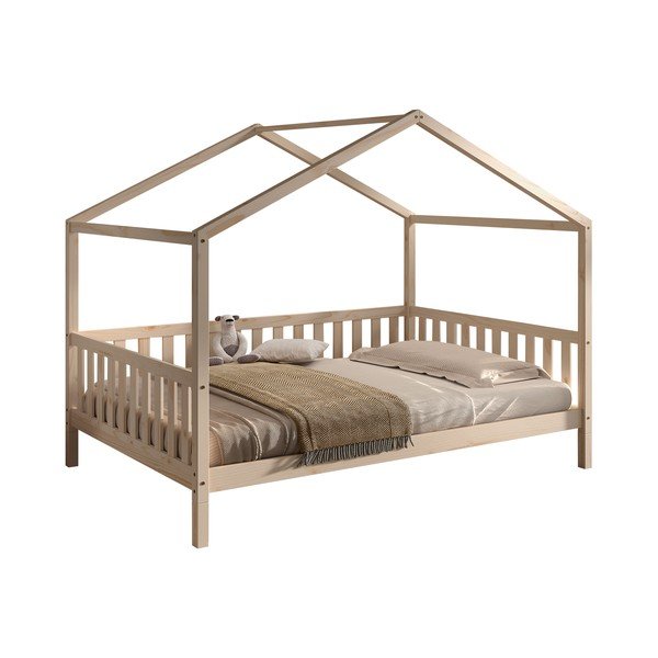Pat pentru copii  în culoare naturală de tip casă din lemn de pin cu somieră 140x200 cm Dallas – Vipack