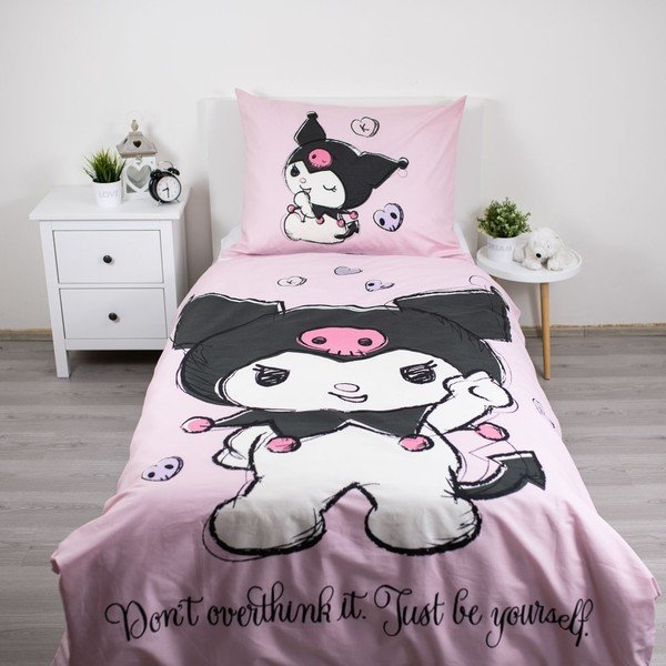 Lenjerie de pat pentru copii roz din bumbac pentru pat de o persoană 140x200 cm Hello Kitty "Kuromi" – Jerry Fabrics-image-1