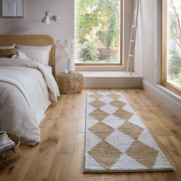 Covor tip traversă alb-în culoare naturală țesut manual din amestec de iută 80x230 cm Effie Diamond – Flair Rugs-image-1
