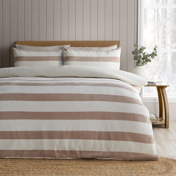 Lenjerie de pat în culoare naturală din sherpa pentru pat de o persoană 135x200 cm Cosy Sherpa Stripe – Catherine Lansfield-image-1