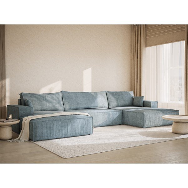 Colțar albastru deschis extensibil/cu spațiu de depozitare cu tapițerie din chenille (în formă de "U") Kyoto – Maison de Rêve-image-1