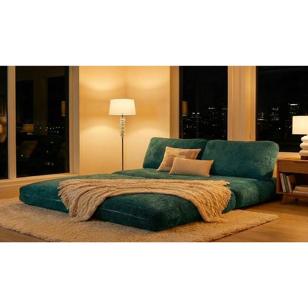 Canapea albastru-verde extensibilă cu tapițerie din țesătură bouclé 150 cm Faster – Mauro Ferretti-image-1