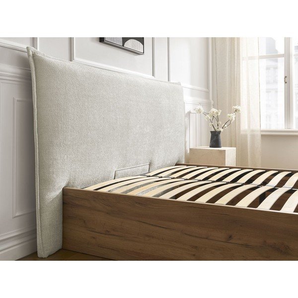Pat matrimonial crem tapițat/din  placă aglomerată de lemn tapițat cu spațiu de depozitare cu somieră 160x200 cm Charlie – Bobochic Paris-image-3
