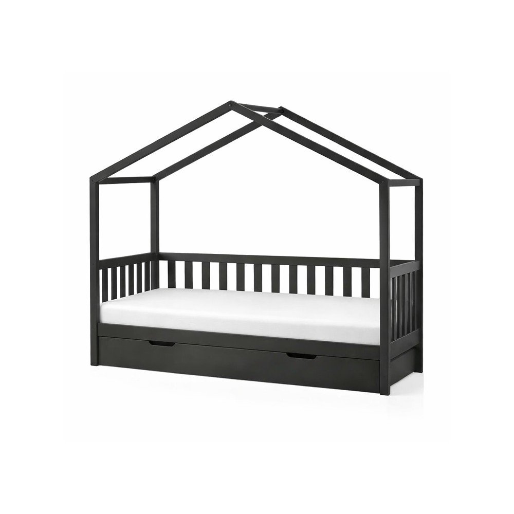 Pat pentru copii gri antracit de tip casÄu0083/cu extensie suplimentarÄdin lemn masiv de pin cu spaÈu009Biu de depozitare 90x200 cm DALLAS âu0080Vipack