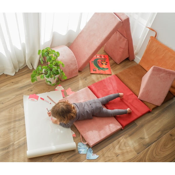 Puf de copii roz deschis cu tapițerie din catifea reiată Montessori – Little Nice Things-image-4