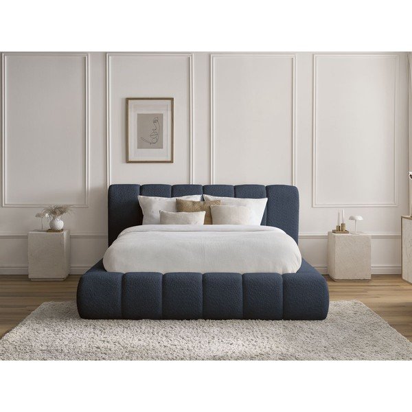 Pat matrimonial albastru închis tapițat cu spațiu de depozitare cu somieră 160x200 cm Denali – Bobochic Paris-image-1