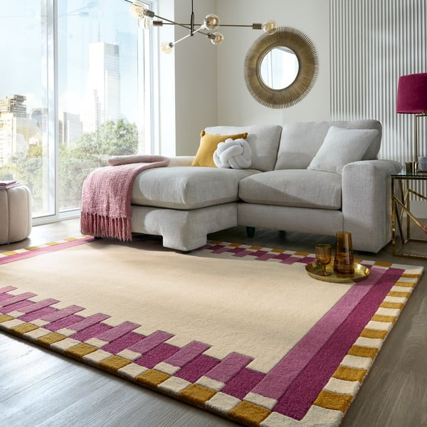 Covor galben/roz țesut manual din lână 160x230 cm Kai Wool Border – Flair Rugs-image-1
