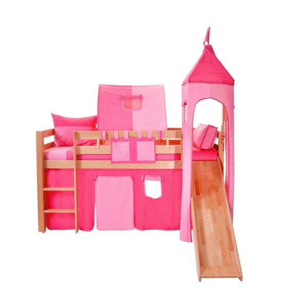 Pătuț cu tobogan pentru copii și set roz din bumbac Mobi furniture Tom, 200 x 90 cm