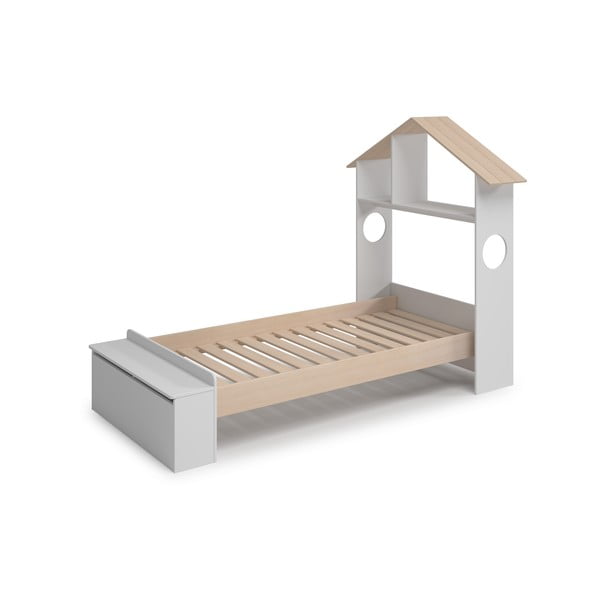 Pat pentru copii  alb/natural de tip casă cu aspect de lemn de pin cu spațiu de depozitare 90x190 cm Odessa – Marckeric