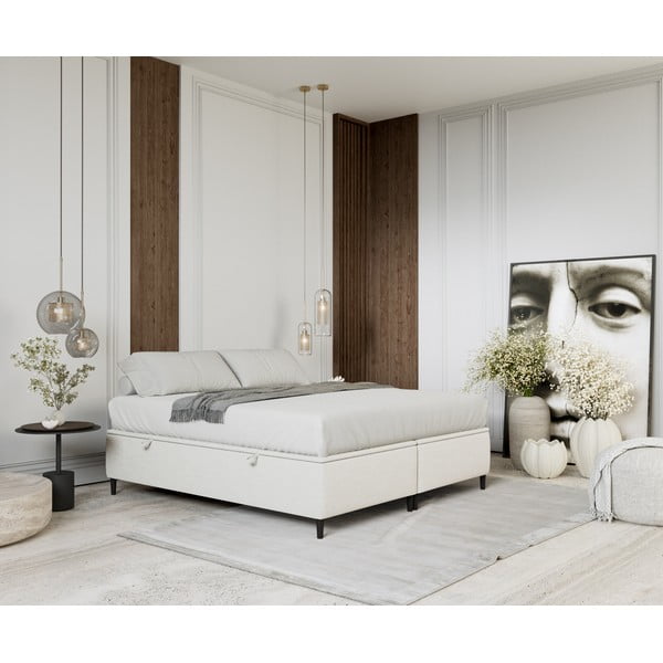 Pat matrimonial crem tapițat cu spațiu de depozitare 200x200 cm Tate – Maison de Rêve-image-1