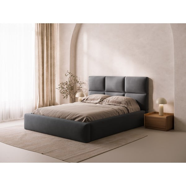 Pat matrimonial gri tapițat cu spațiu de depozitare cu somieră 140x200 cm Libera – Windsor & Co Sofas-image-1