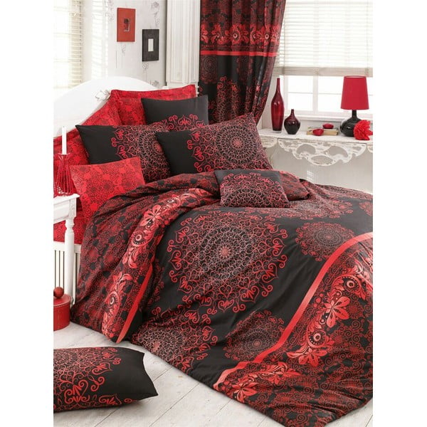 Lenjerie de pat dublu  roșie/neagră din bumbac extinsă  cu cearșaf și cuvertură 220x240 cm Osmanli – Mijolnir