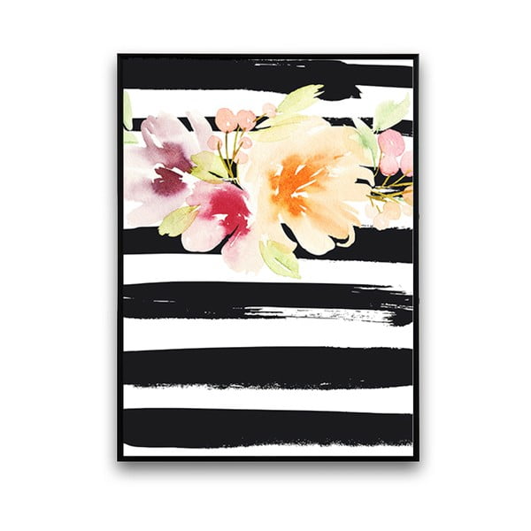 Afiș cu flori, negru cu alb, fundal cu dungi, 30x40 cm