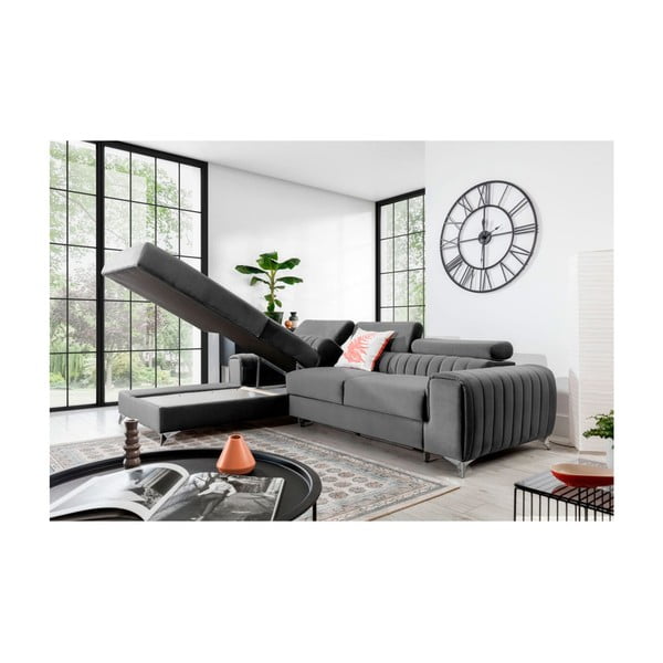 Colțar gri extensibil/cu spațiu de depozitare cu tapițerie din catifea (cu colț pe partea stângă/cu șezlong) Grayson – ELTAP-image-3