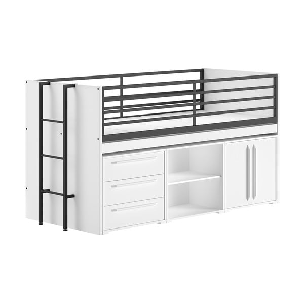 Pat pentru copii  alb înalt cu spațiu de depozitare cu somieră 90x200 cm Sam – Vipack