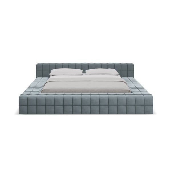 Pat matrimonial albastru deschis tapițat cu somieră 160x200 cm Akela – Makamii-image-3