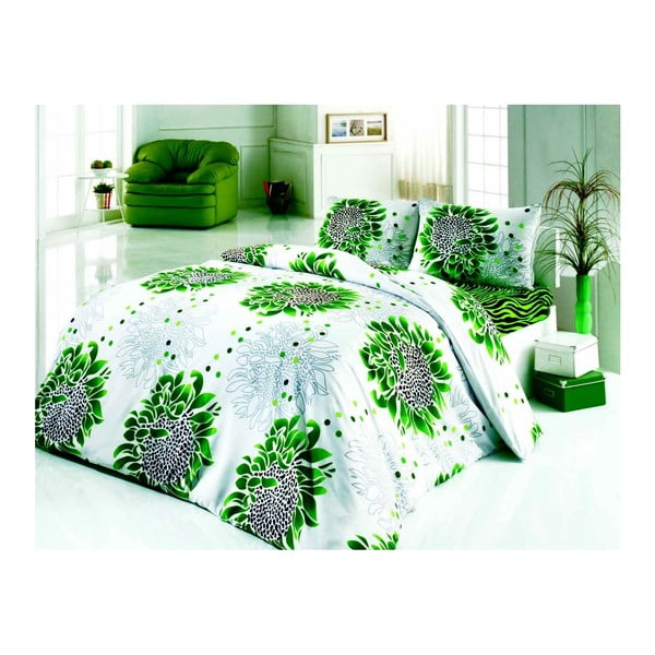 Lenjerie de pat cu cearșaf  Afelia, 200 x 220 cm, alb-verde