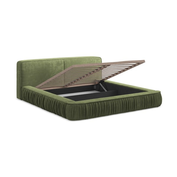 Pat dublu tapițat verde cu spațiu de depozitare cu grilă 180x200 cm Keoni - Makamii-image-2