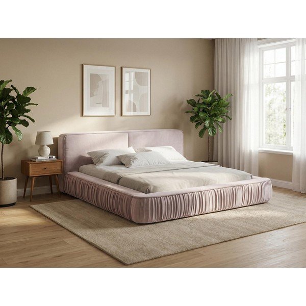 Pat dublu tapițat gri cu spațiu de depozitare cu grilă 140x200 cm Keoni - Makamii-image-1