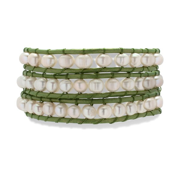 Brățară din piele cu perle Nova Pearls Copenhagen Néreus, verde deschis-alb