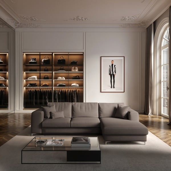 Colțar taupe extensibil, cu spațiu de depozitare cu tapițerie din catifea (cu colț pe partea dreaptă, cu șezlong) Rene – Rodier-image-1