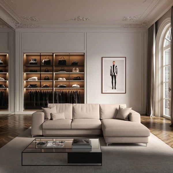 Colțar bej extensibil, cu spațiu de depozitare cu tapițerie din catifea (cu colț pe partea dreaptă, cu șezlong) Rene – Rodier-image-1