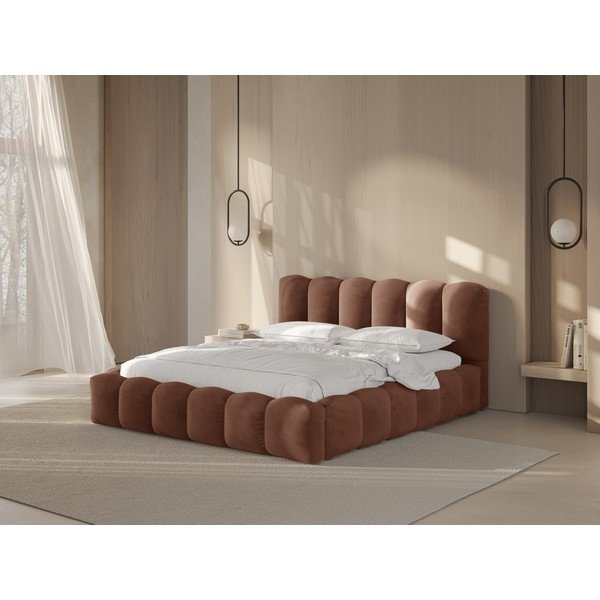 Pat matrimonial maro tapițat cu spațiu de depozitare cu somieră 160x200 cm Lupine – Micadoni -image-1