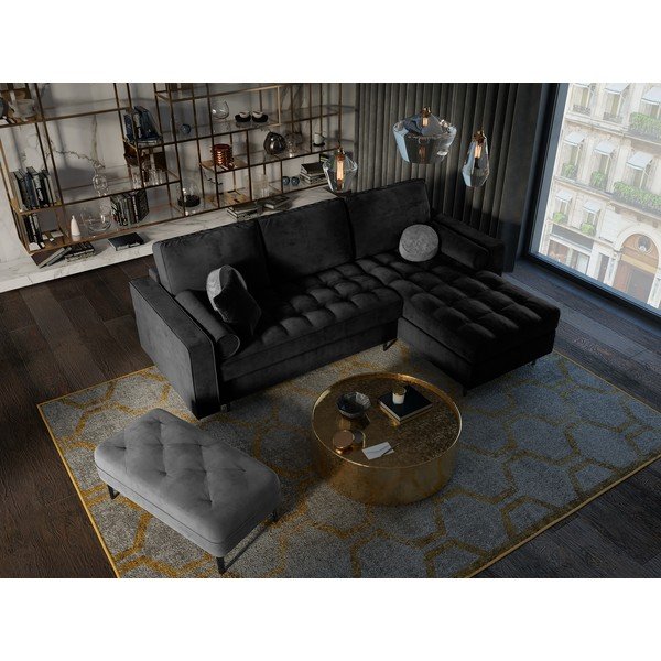 Colțar extensibil din catifea cu șezlong dreapta Milo Casa Santo, negru-image-1