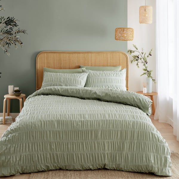 Lenjerie de pat verde-deschis din țesătură crep pentru pat dublu 200x200 cm Seersucker – Catherine Lansfield