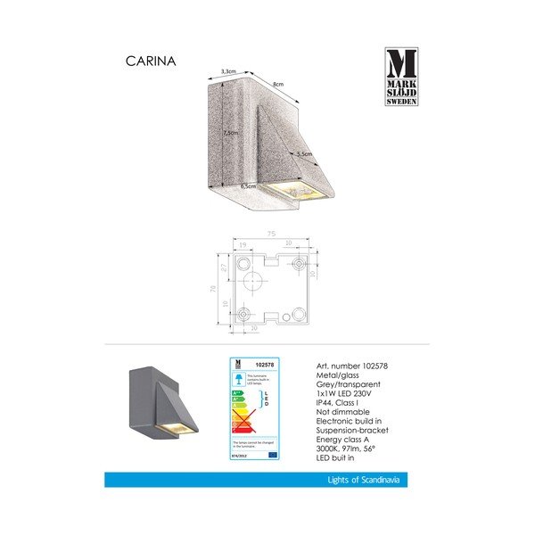 Aplică perete Markslöjd Carina, 8 x 7,5 cm, gri-image-1