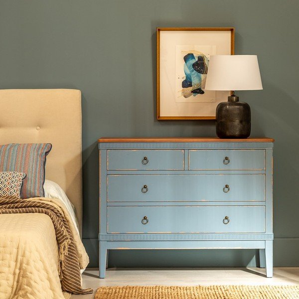 Comodă albastră joasă din lemn de brad 115x90 cm Shabby – Ixia-image-1
