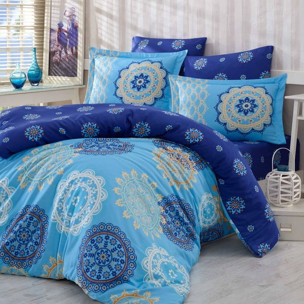 Lenjerie de pat din bumbac cu cearșaf și fețe de pernă Ottoman Blue, 200 x 220 cm