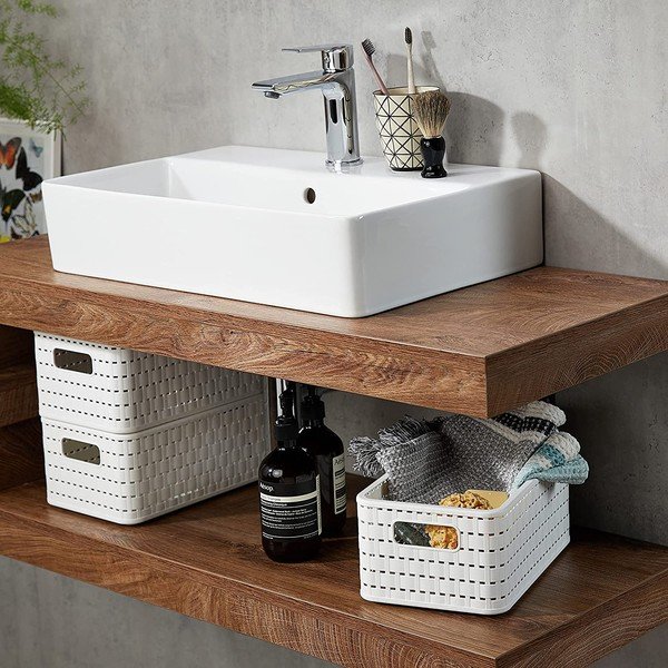 Coș de depozitare din plastic reciclat alb Country - Rotho-image-1