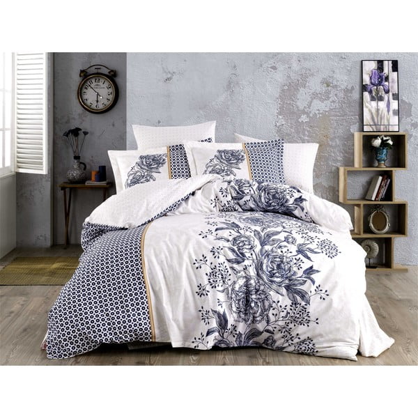 Lenjerie de pat cu cearșaf pentru pat dublu, din bumbac poplin Hobby Arianna Blue, 200 x 220 cm