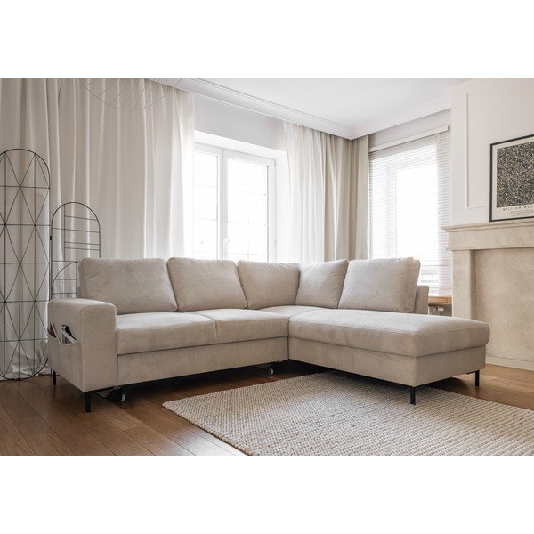 Colțar bej extensibil cu tapițerie din catifea reiată  (cu colț pe partea dreaptă) Lofty Lilly – Miuform-image-3